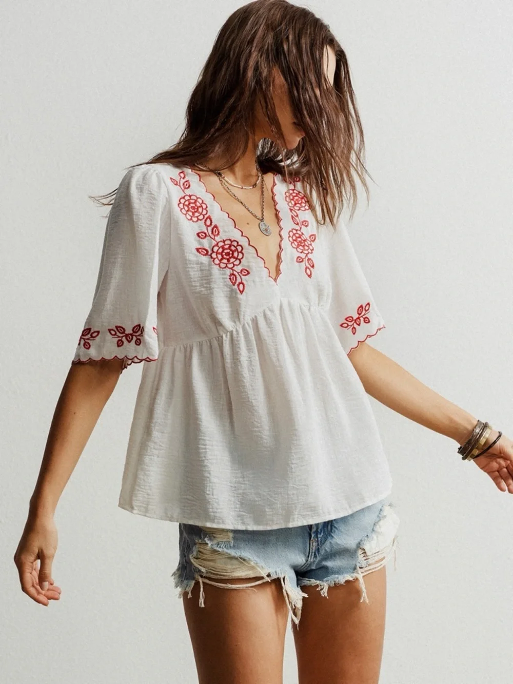 ♥️Hello Gorgeous! Embroidered Floral V-Neck Blouse - White